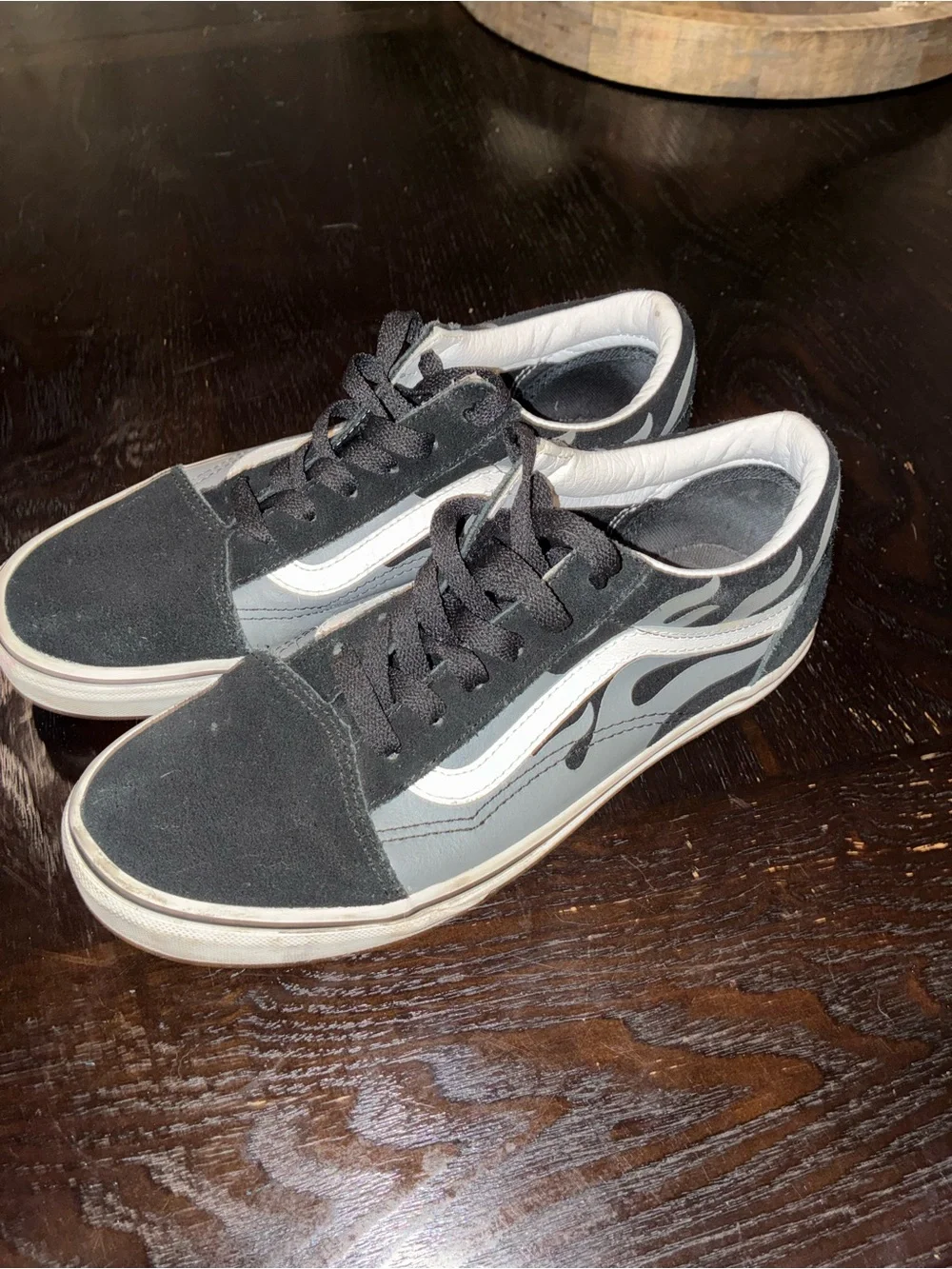 Vans Black & White Low-Top Skate Sneakers with Flame Detail